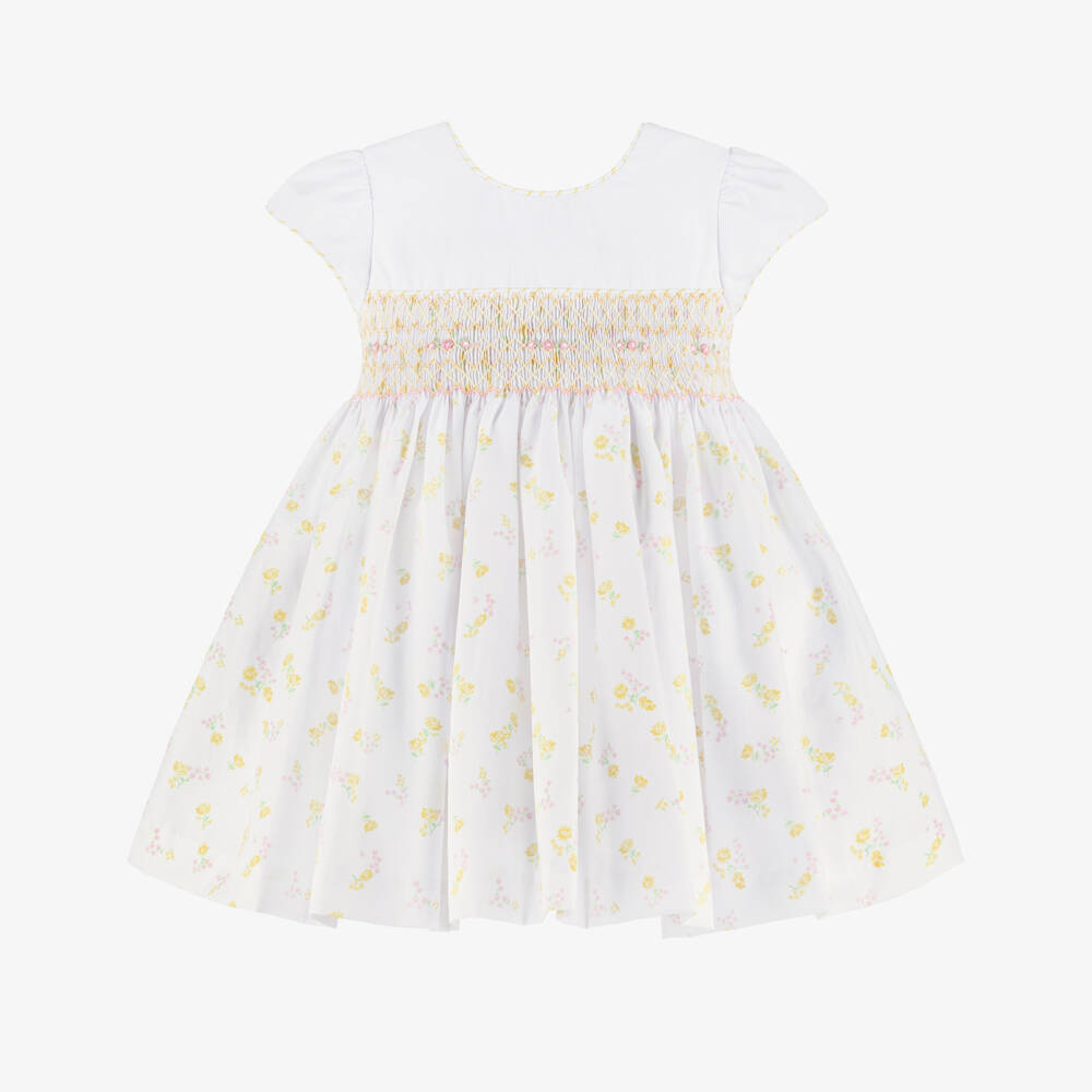 Pretty Originals-Girls White Dress with Yellow & Pink Floral Print | Childrensalon Outlet