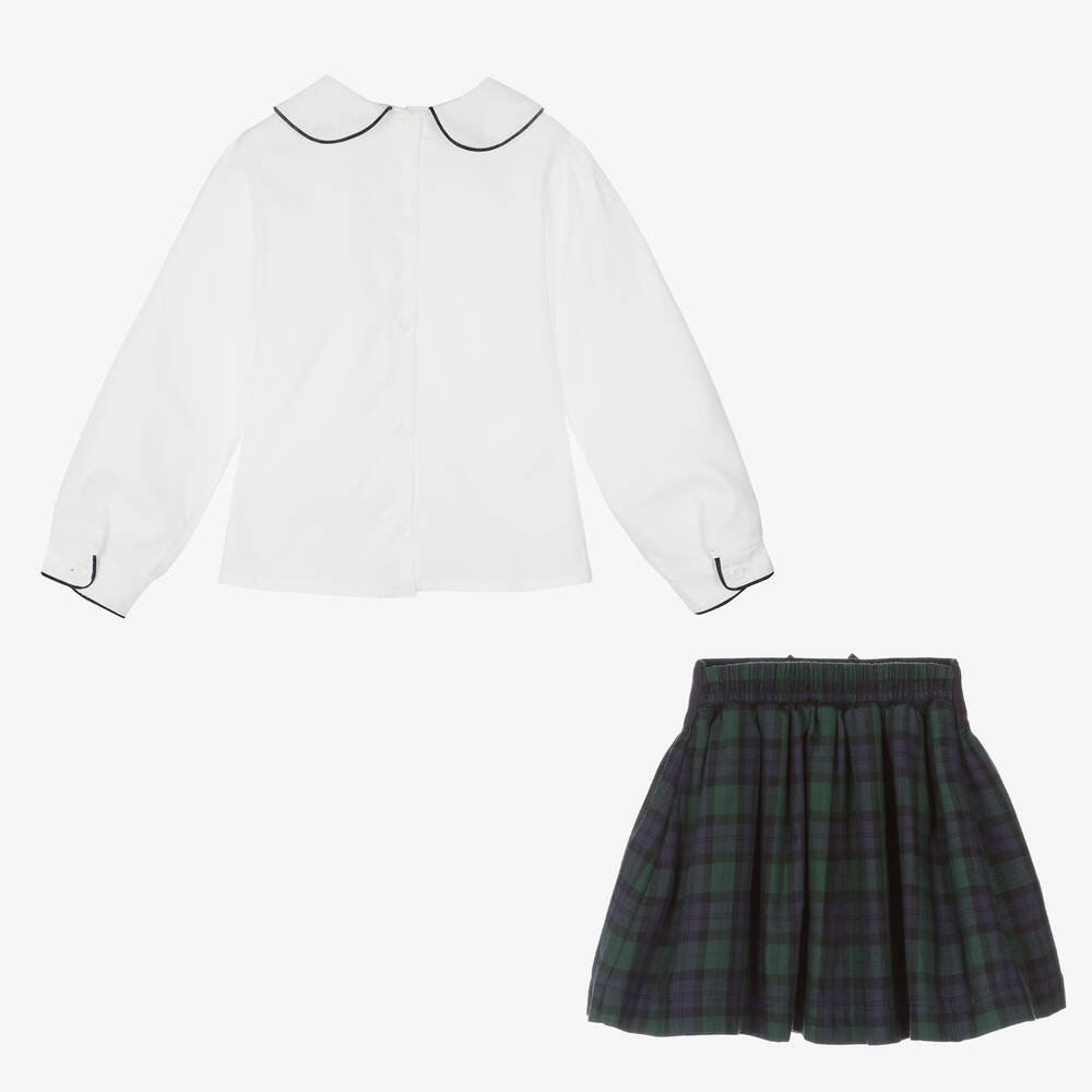 بريتي أوريجينال-طقم تنورة قطن تارتان لون أبيض وأخضر | Childrensalon Outlet