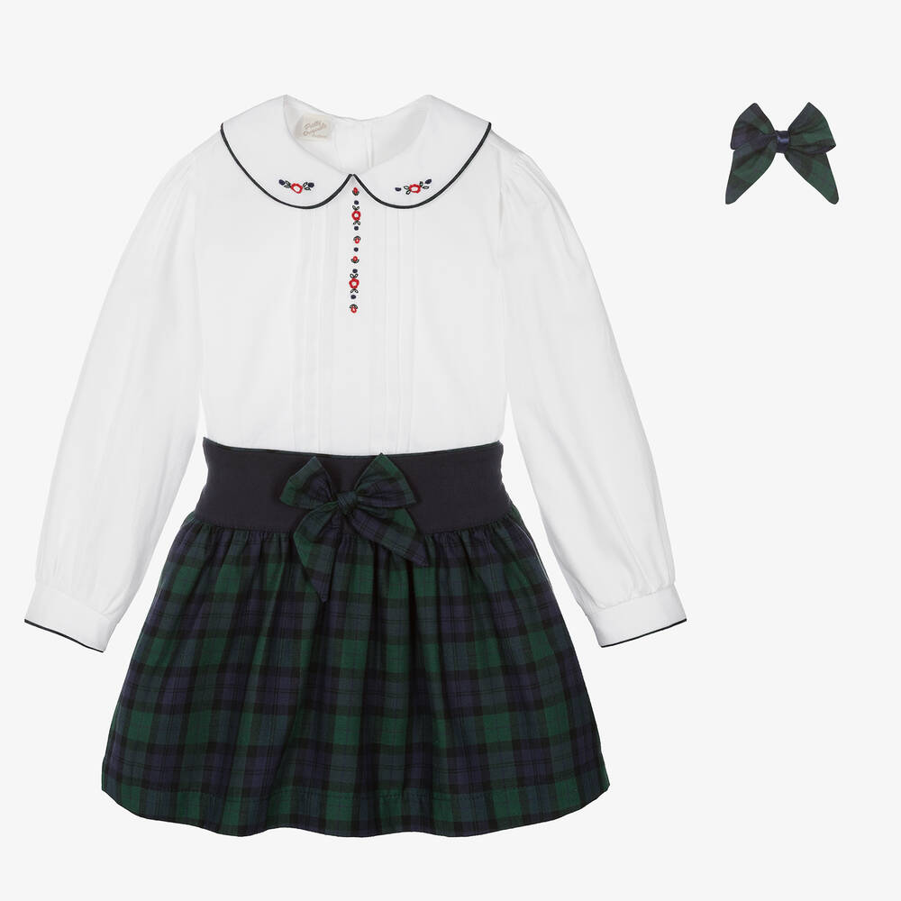 Pretty Originals - Girls White & Green Tartan Skirt Set | Childrensalon