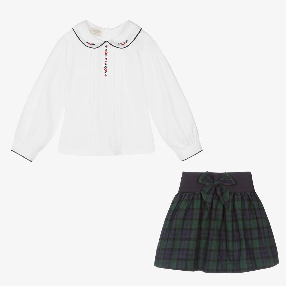 بريتي أوريجينال-طقم تنورة قطن تارتان لون أبيض وأخضر | Childrensalon Outlet