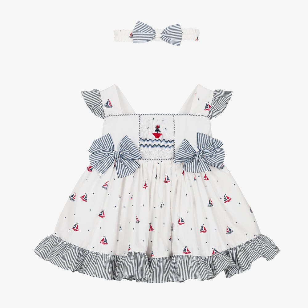 Pretty Originals-Girls White Nautical Cotton Dress Set | Childrensalon Outlet