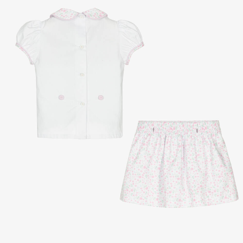 Pretty Originals-Girls White & Pink Cotton Floral Skirt Set | Childrensalon Outlet