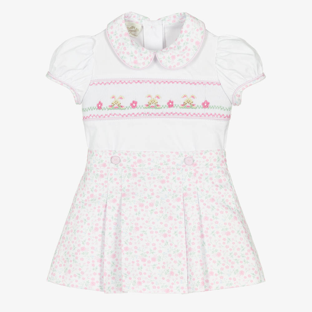 Pretty Originals-Girls White & Pink Cotton Floral Skirt Set | Childrensalon Outlet