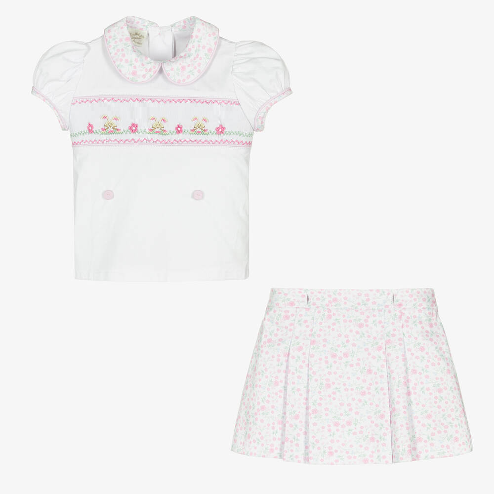Pretty Originals-Girls White & Pink Cotton Floral Skirt Set | Childrensalon Outlet