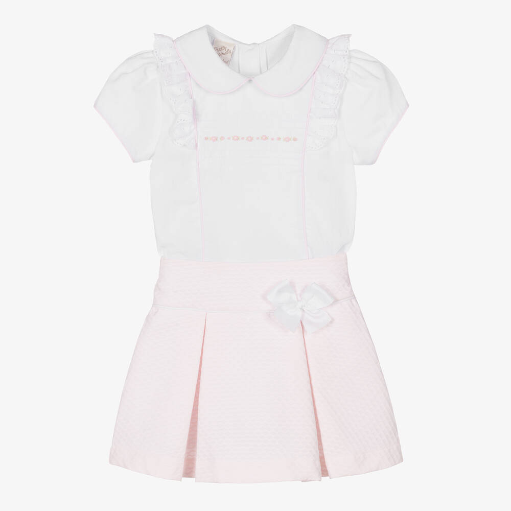 Pretty Originals - Girls White & Pink Cotton Skirt Set | Childrensalon
