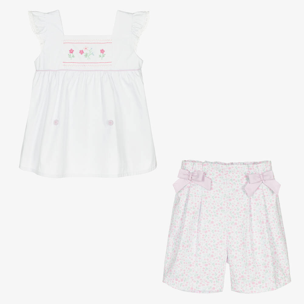 بريتي أوريجينال-بِدلة رسمية قطن لون أبيض وزهري بطبعة ورود | Childrensalon Outlet