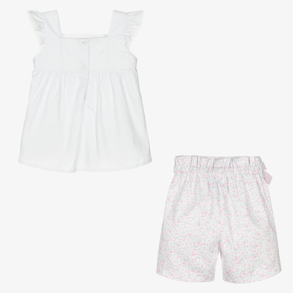 بريتي أوريجينال-بِدلة رسمية قطن لون أبيض وزهري بطبعة ورود | Childrensalon Outlet