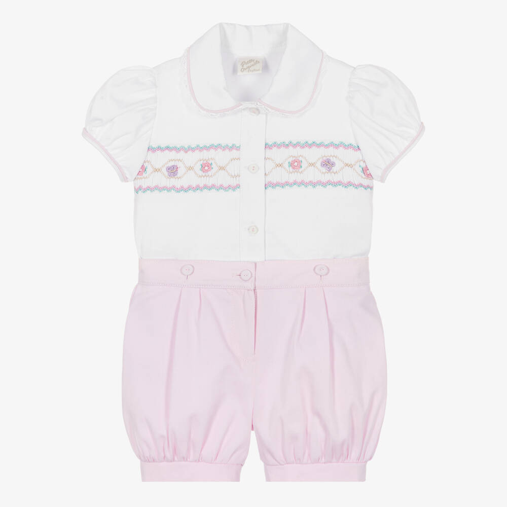 Pretty Originals-Girls White & Pink Hand-Smocked Cotton Buster Suit | Childrensalon Outlet