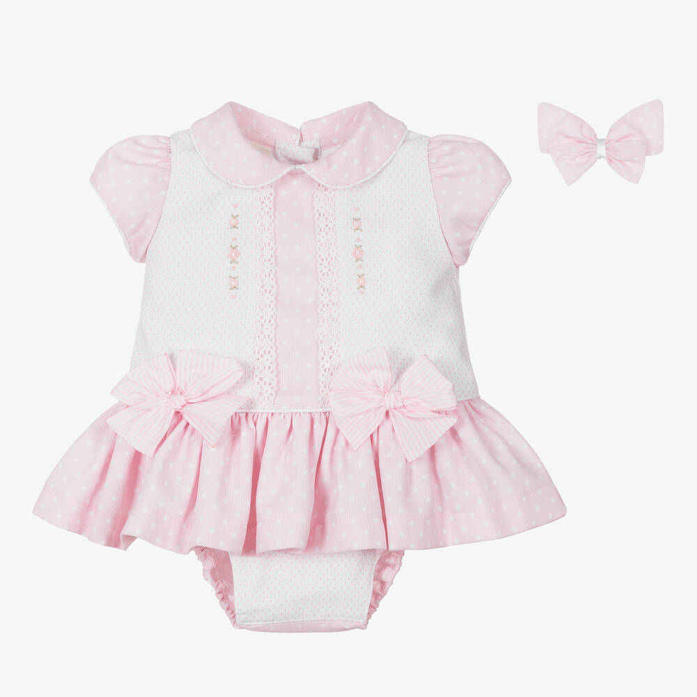 Pretty Originals-طقم فستان مزيج قطن منقط لون أبيض وزهري فاتح | Childrensalon Outlet