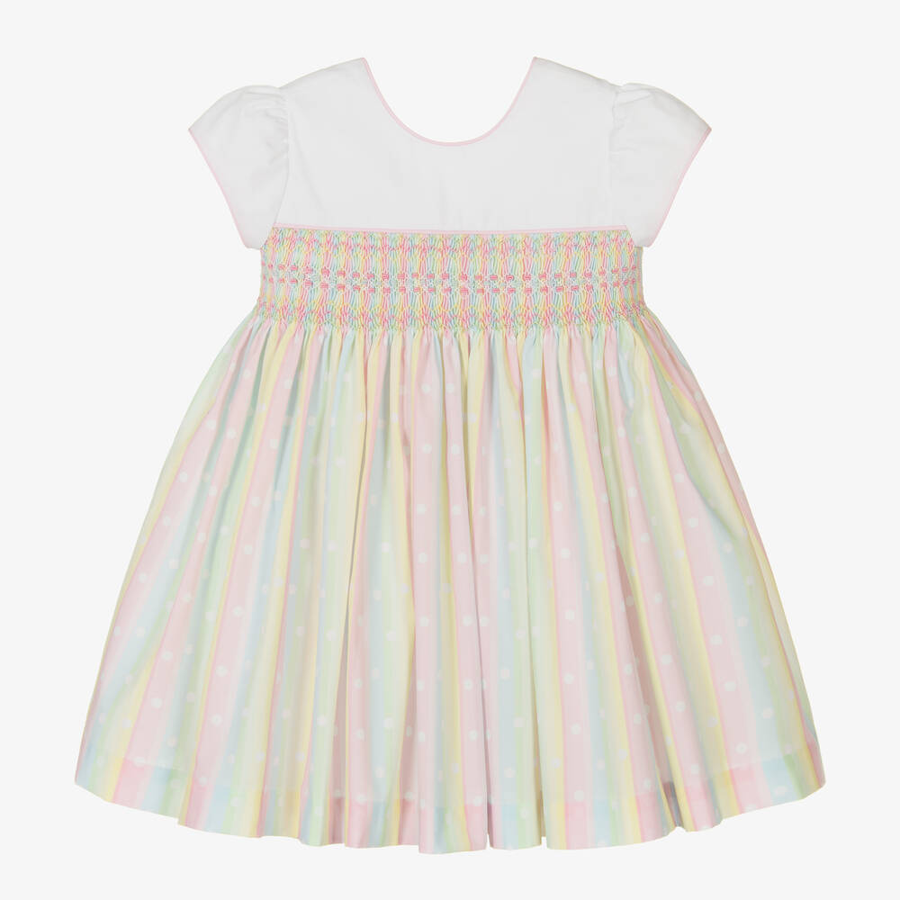 Pretty Originals - Robe blanche et rose à smocks fille | Childrensalon