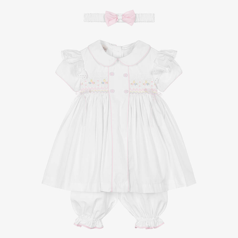 Pretty Originals - Girls White & Pink Smocked Dress Set | Childrensalon