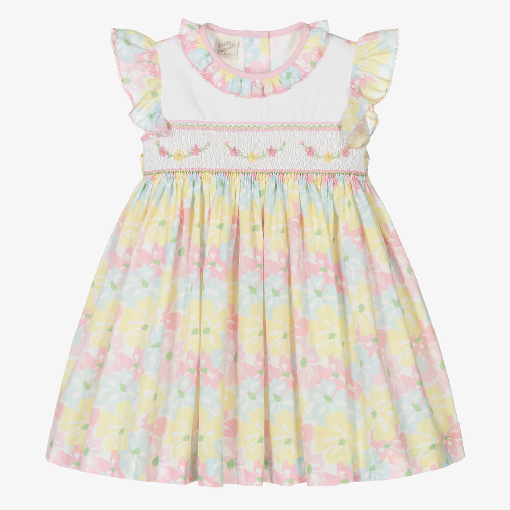 Pretty Originals - Girls White & Pink Smocked Floral Dress | Childrensalon