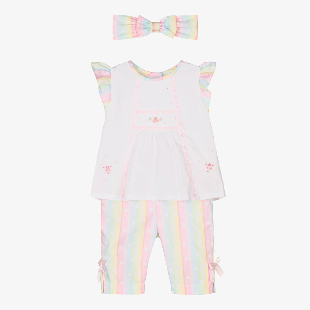 Pretty Originals - Girls White & Pink Striped Trouser Set | Childrensalon