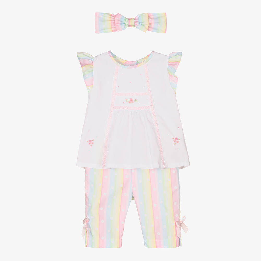 Pretty Originals-Girls White & Pink Striped Trouser Set | Childrensalon Outlet