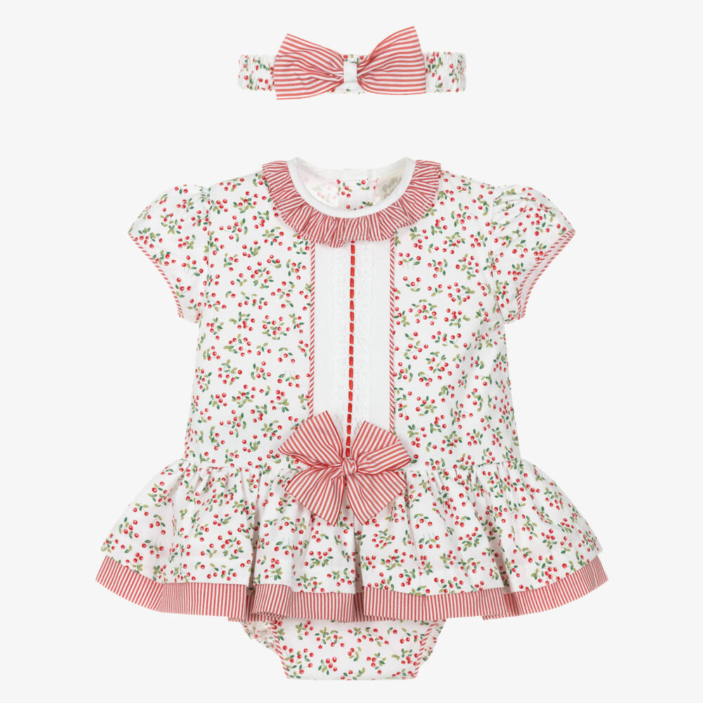 Pretty Originals-Girls White & Red Cherry Print Cotton Dress Set | Childrensalon Outlet