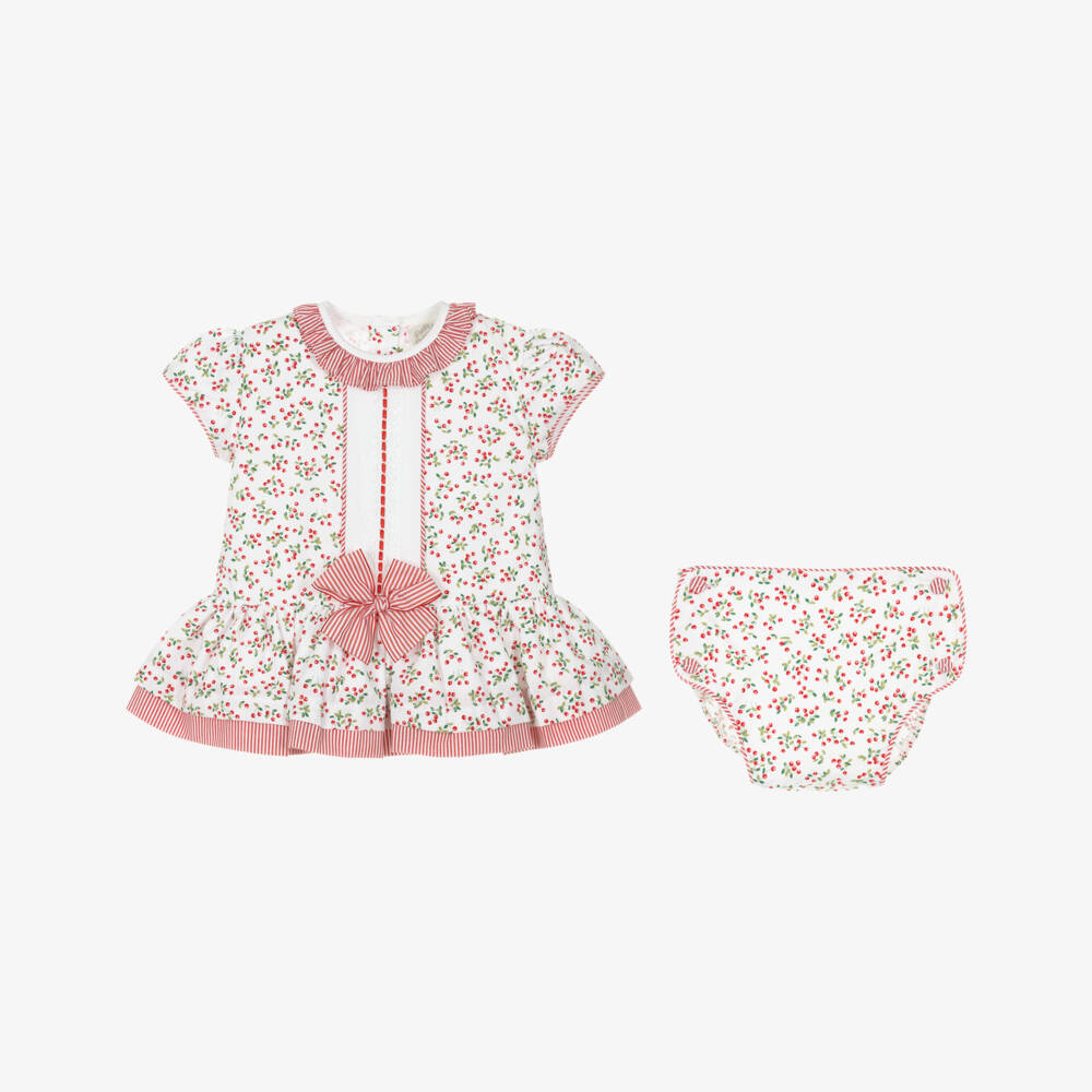 Pretty Originals-Girls White & Red Cherry Print Cotton Dress Set | Childrensalon Outlet
