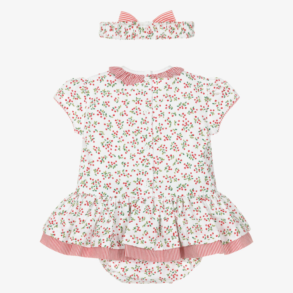 Pretty Originals-Girls White & Red Cherry Print Cotton Dress Set | Childrensalon Outlet