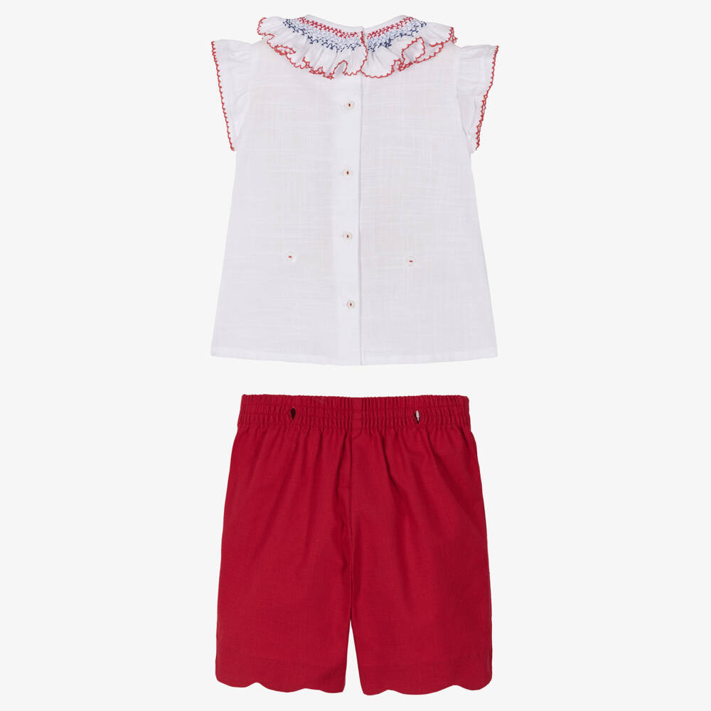 Pretty Originals-Girls White & Red Cotton Buster Suit with Hand Smocking | Childrensalon Outlet