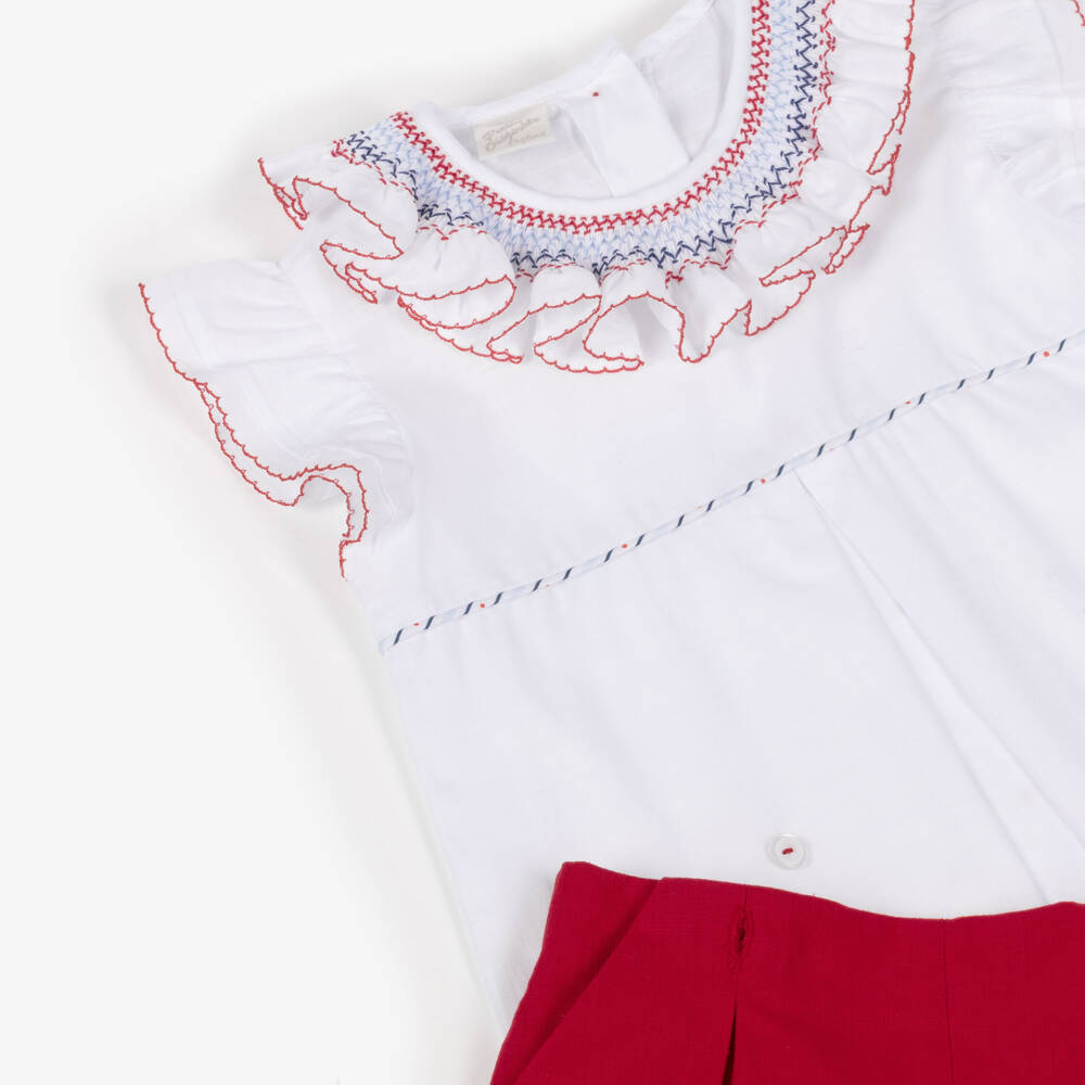 Pretty Originals-Girls White & Red Cotton Buster Suit with Hand Smocking | Childrensalon Outlet