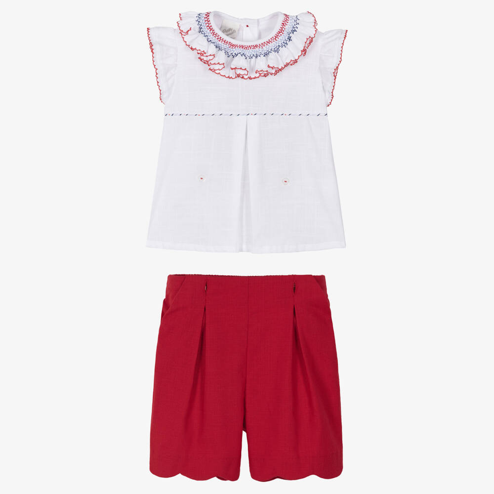 Pretty Originals-Girls White & Red Cotton Buster Suit with Hand Smocking | Childrensalon Outlet