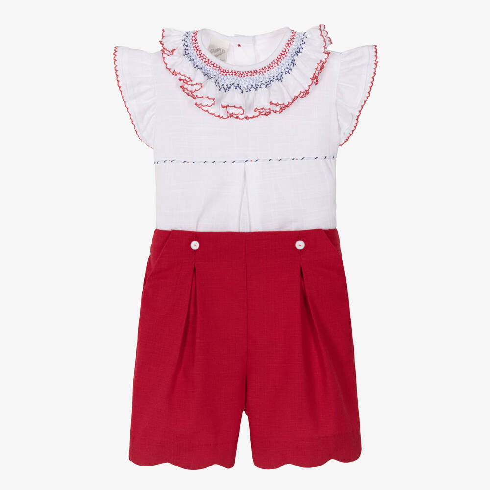 Pretty Originals-Girls White & Red Cotton Buster Suit with Hand Smocking | Childrensalon Outlet