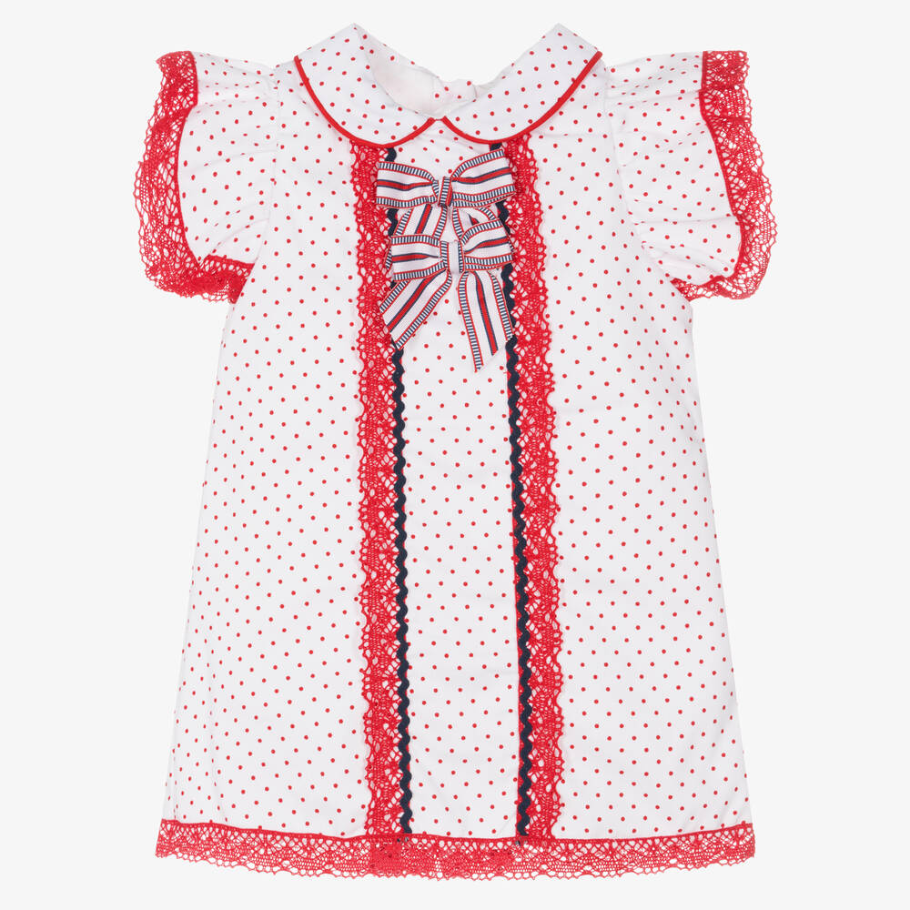 Pretty Originals - Girls White & Red Cotton Polka Dot Dress | Childrensalon