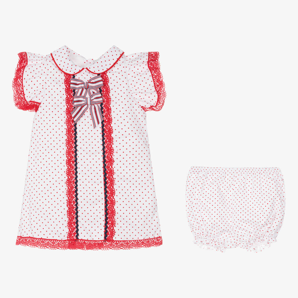 Pretty Originals-Girls White & Red Cotton Polka Dot Dress | Childrensalon Outlet
