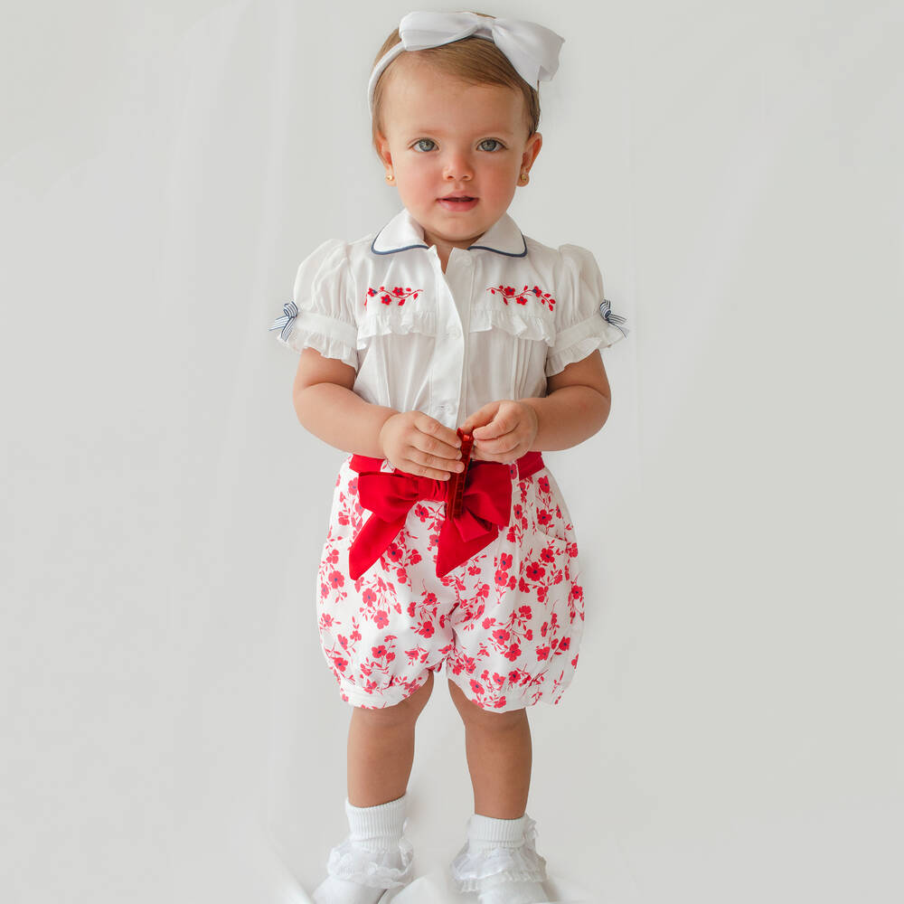 بريتي أوريجينال-بِدلة رسمية قطن لون أبيض وأحمر بطبعة ورود | Childrensalon Outlet