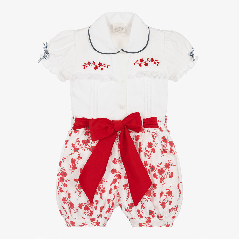 Pretty Originals-بِدلة رسمية قطن لون أبيض وأحمر بطبعة ورود | Childrensalon Outlet