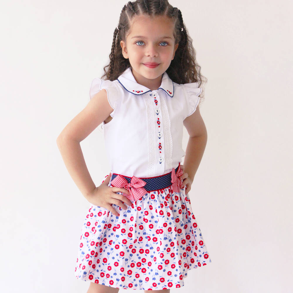 Pretty Originals-طقم تنورة قطن لون أبيض وأحمر بطبعة ورود | Childrensalon Outlet