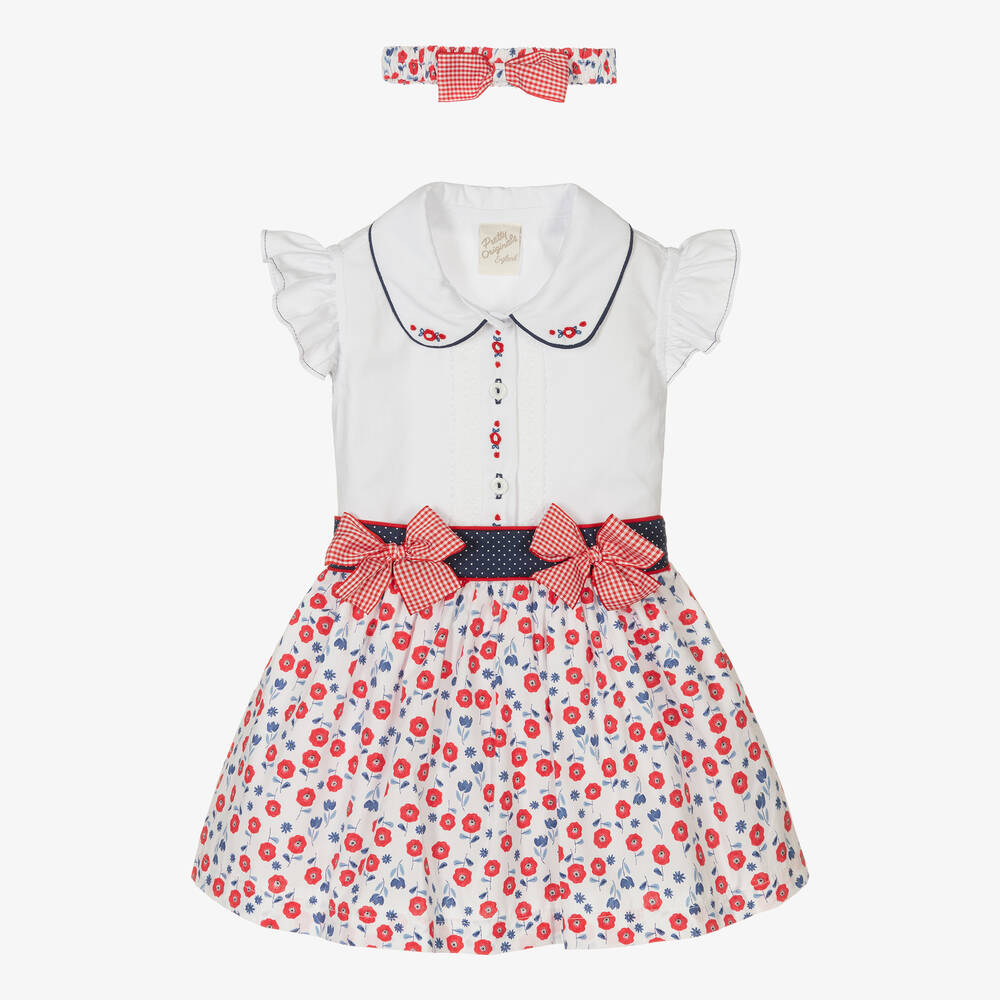 Pretty Originals - Girls White & Red Floral Cotton Skirt Set | Childrensalon