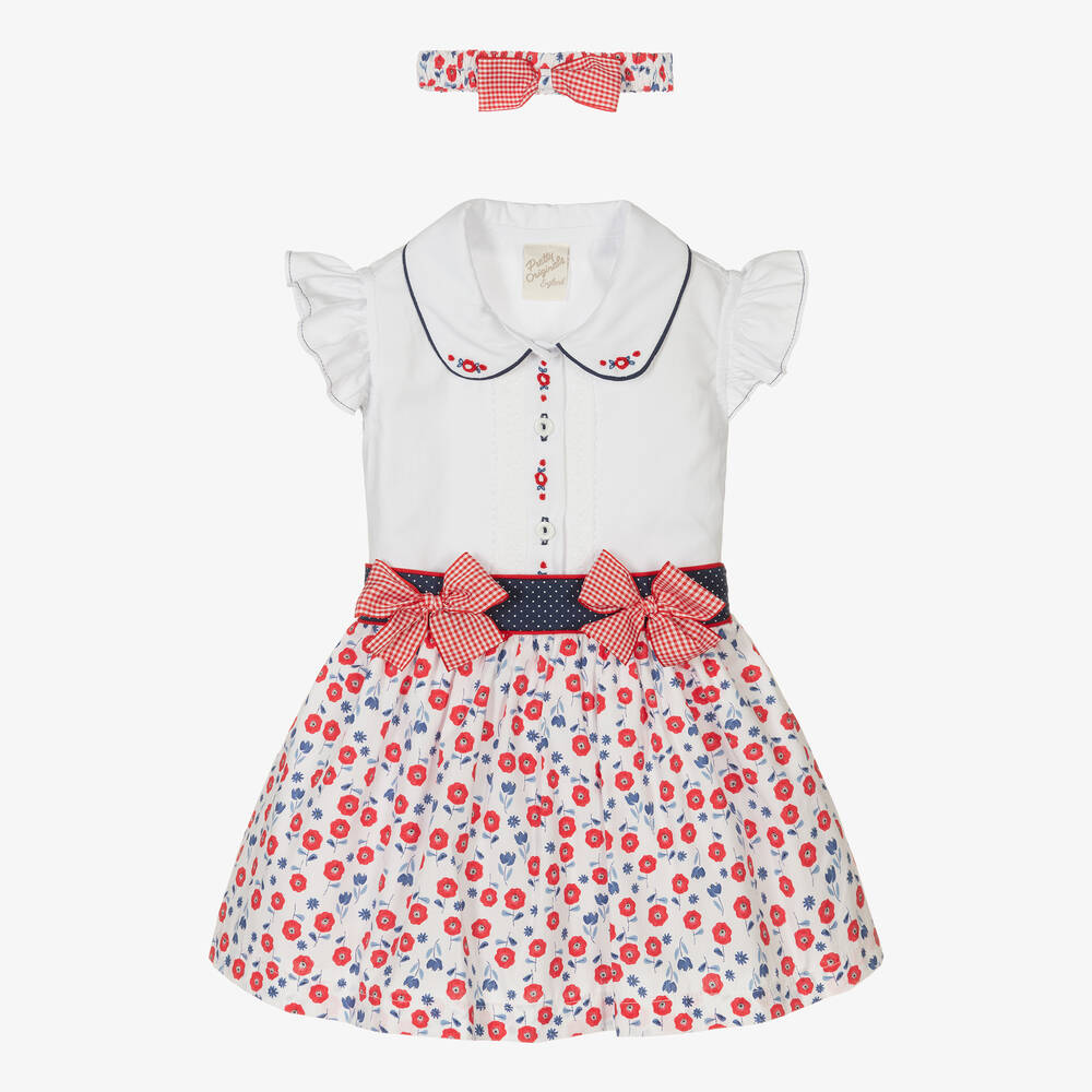 Pretty Originals-Girls White & Red Floral Cotton Skirt Set | Childrensalon Outlet