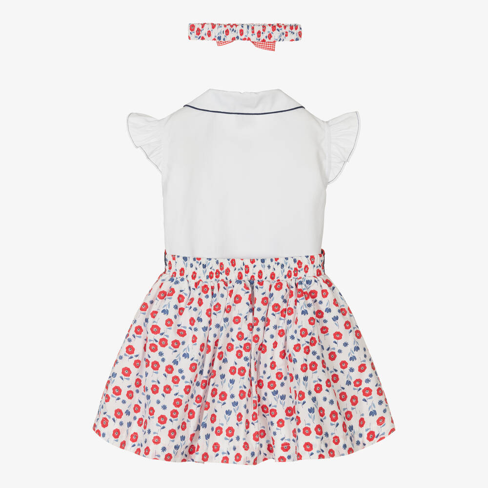 Pretty Originals-طقم تنورة قطن لون أبيض وأحمر بطبعة ورود | Childrensalon Outlet