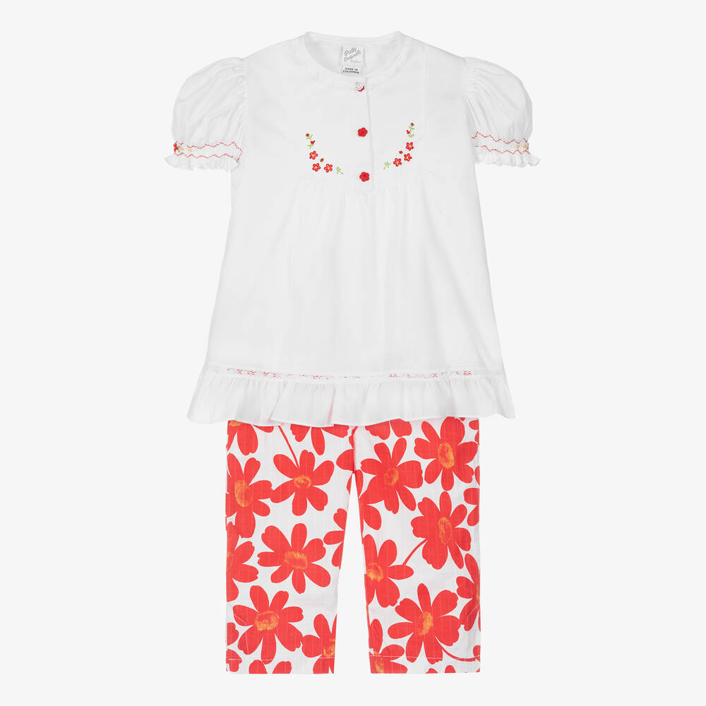 Pretty Originals - Girls White & Red Floral Trouser Set | Childrensalon