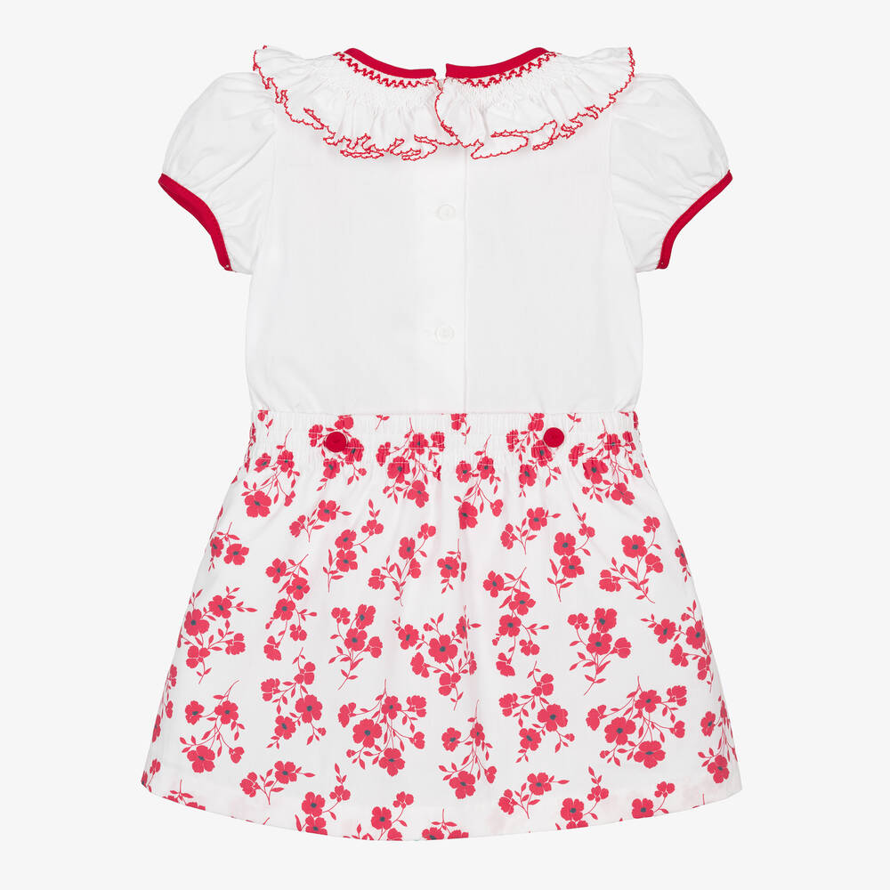 بريتي أوريجينال-طقم تنورة مطرز سموكينغ قطن لون أبيض وأحمر | Childrensalon Outlet