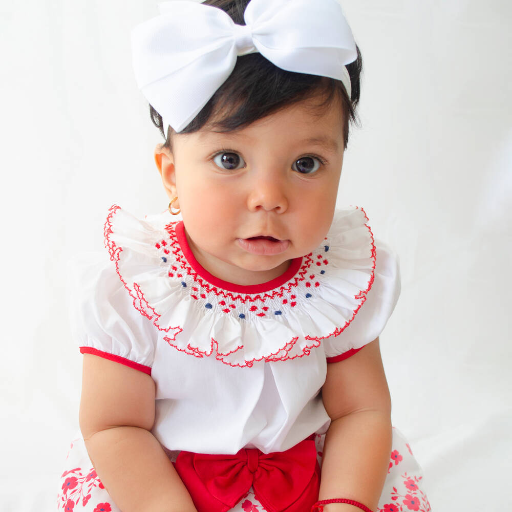 بريتي أوريجينال-طقم تنورة مطرز سموكينغ قطن لون أبيض وأحمر | Childrensalon Outlet