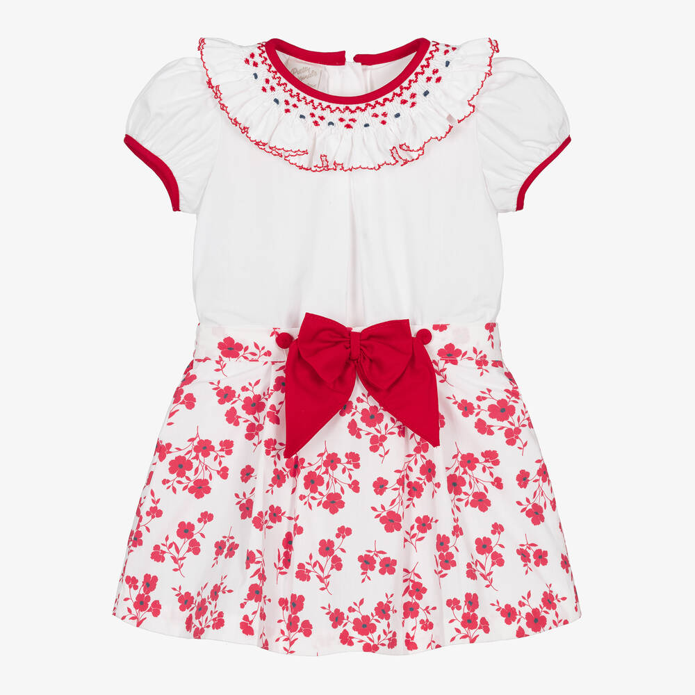 Pretty Originals-Girls White & Red Hand-Smocked Skirt Set | Childrensalon Outlet
