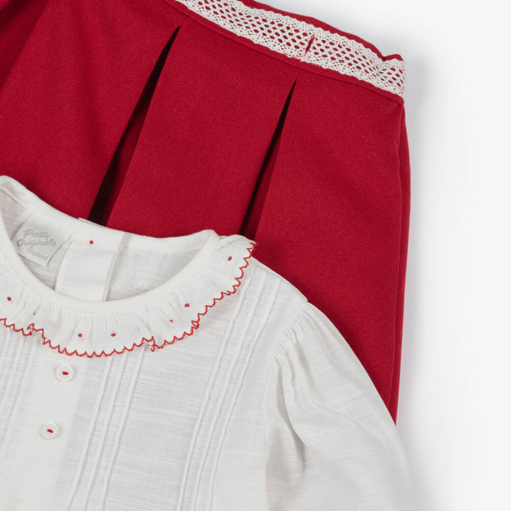 Pretty Originals-Girls White & Red Skirt Set with Ruffles & Pleats | Childrensalon Outlet