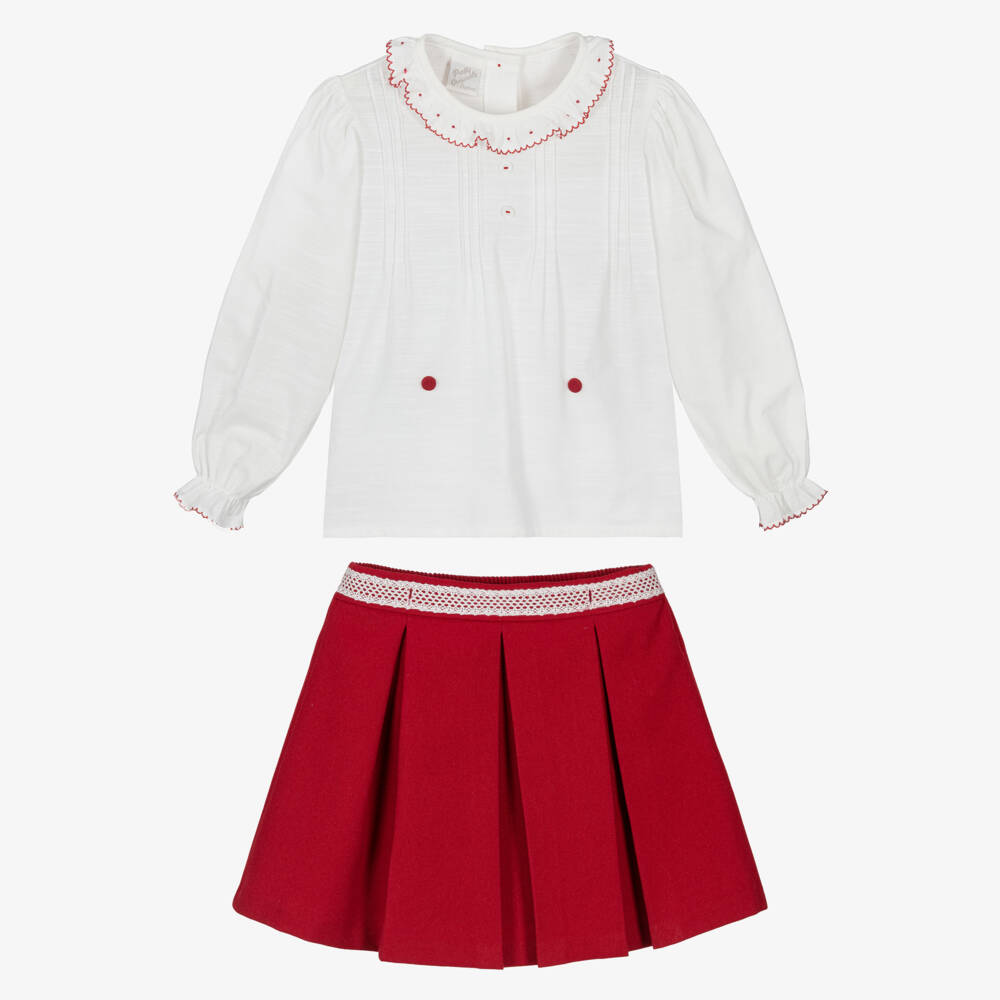 Pretty Originals-Girls White & Red Skirt Set with Ruffles & Pleats | Childrensalon Outlet