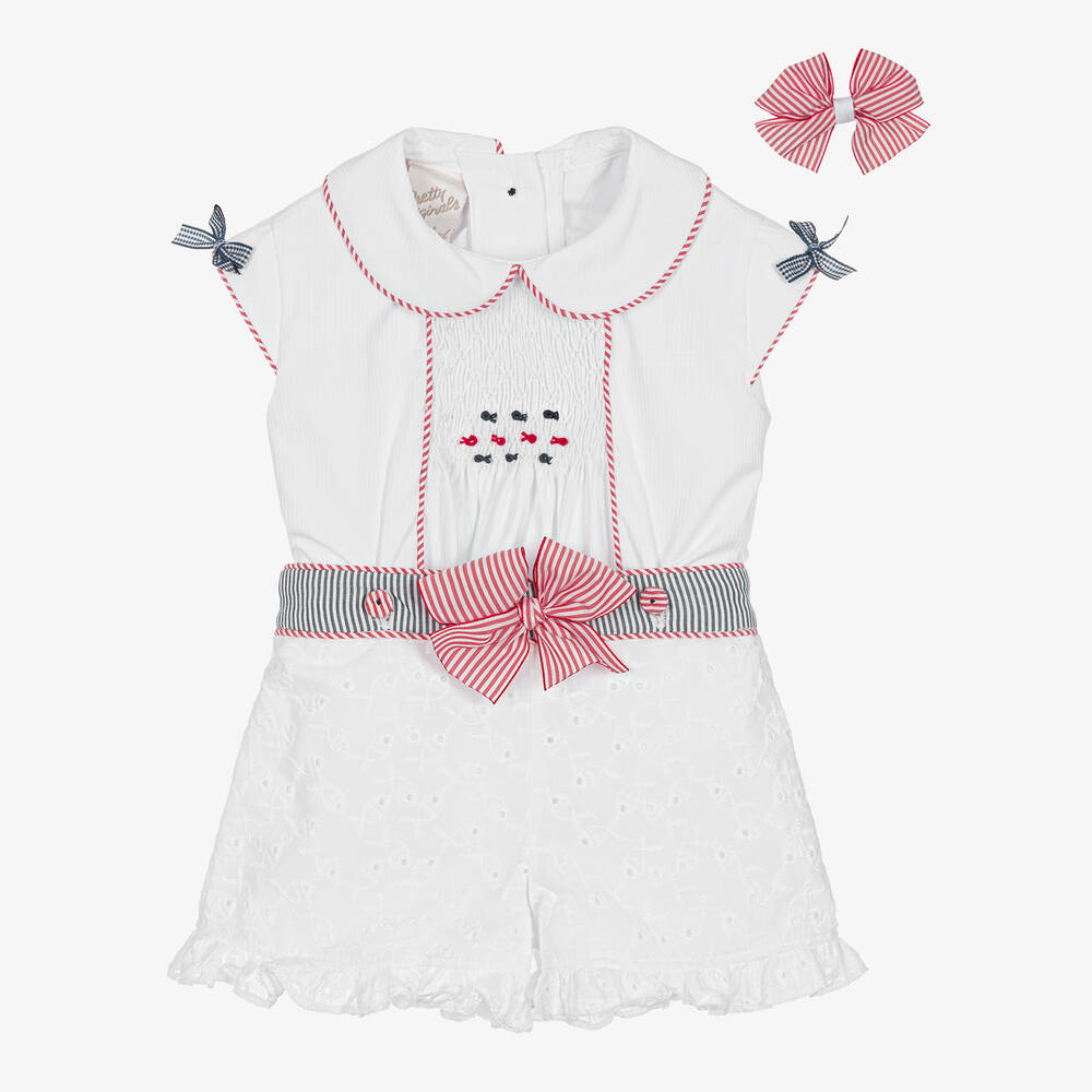 Pretty Originals-Girls White Smocked Cotton Buster Suit Set | Childrensalon Outlet