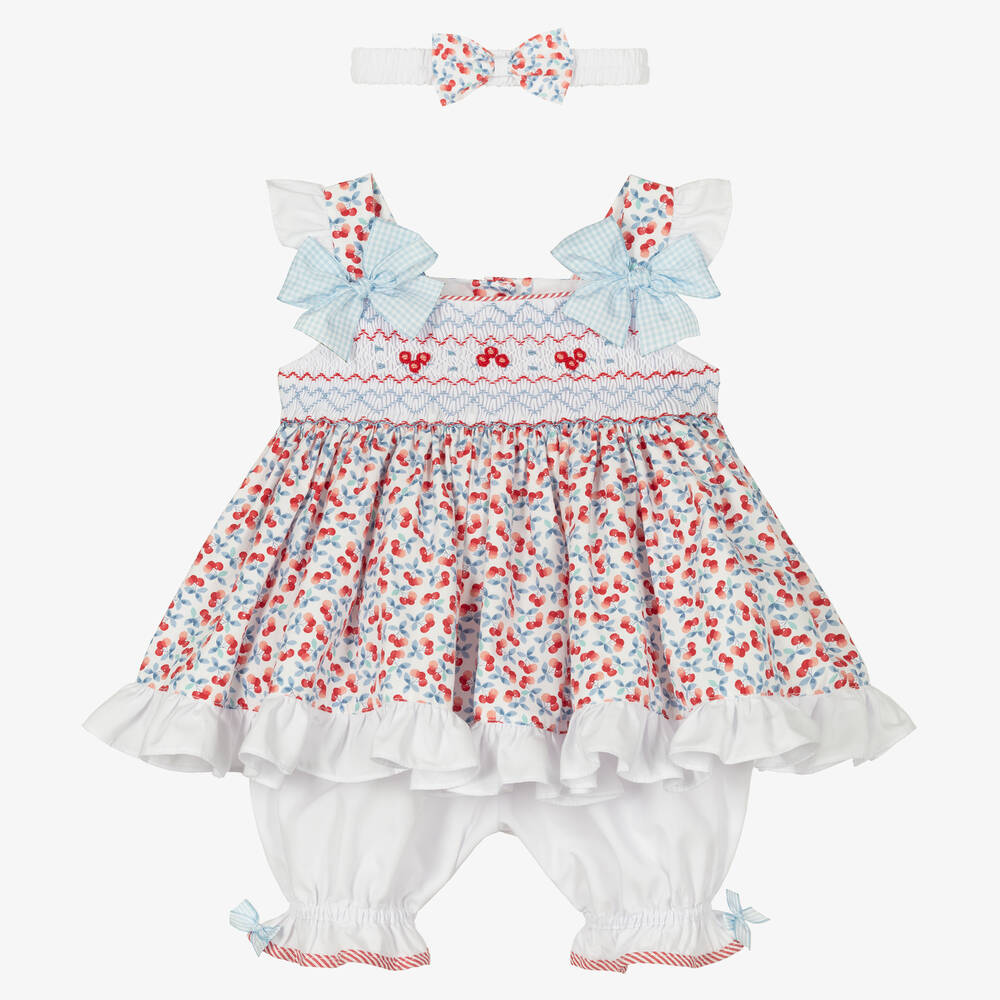 Pretty Originals - طقم فستان مطرز سموكينغ قطن بوبلين لون أبيض | Childrensalon