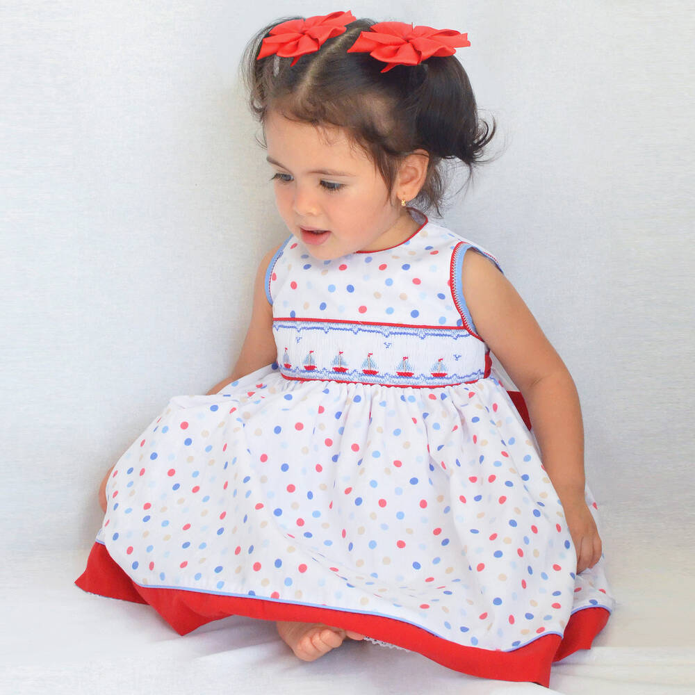 Pretty Originals-فستان مطرز سموكينغ قطن بوبلين لون أبيض | Childrensalon Outlet