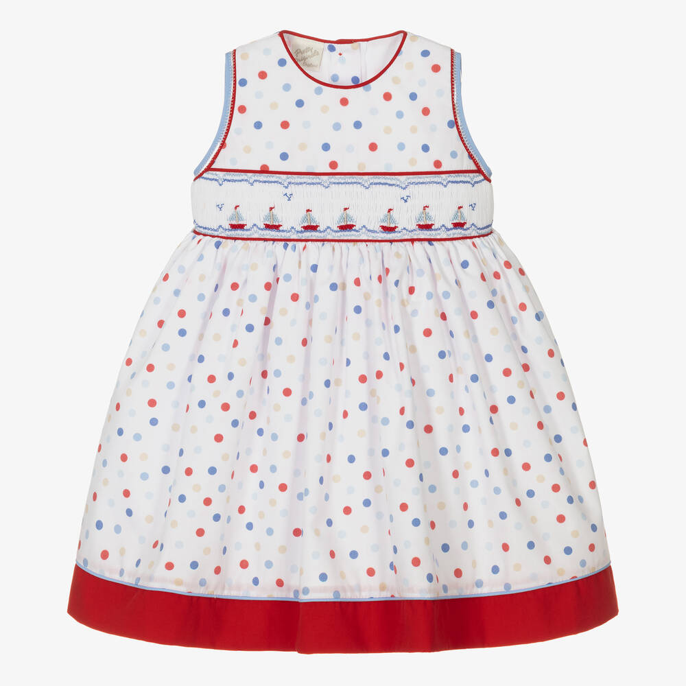 Pretty Originals - Robe blanche smockée à pois fille | Childrensalon