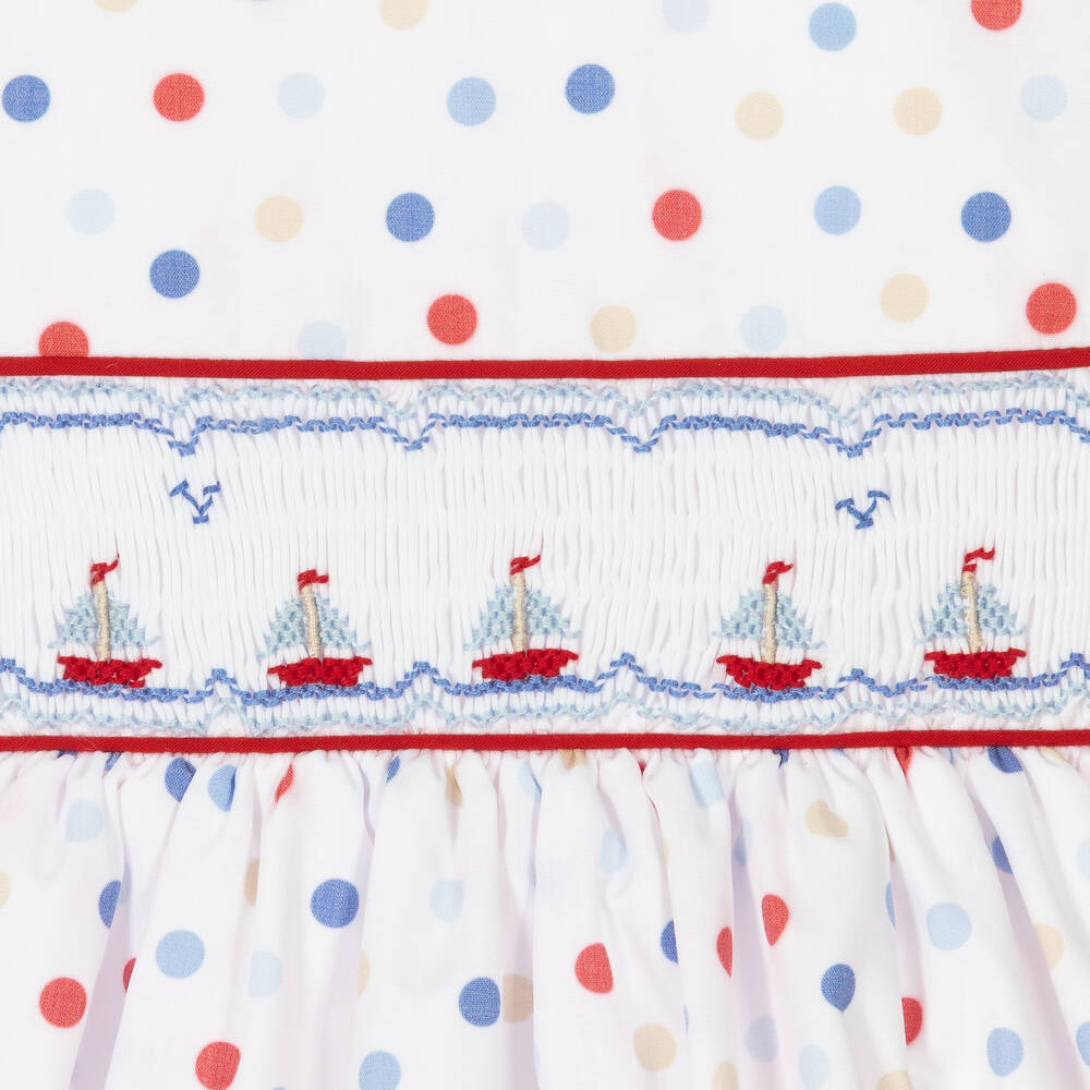 Pretty Originals-فستان مطرز سموكينغ قطن بوبلين لون أبيض | Childrensalon Outlet