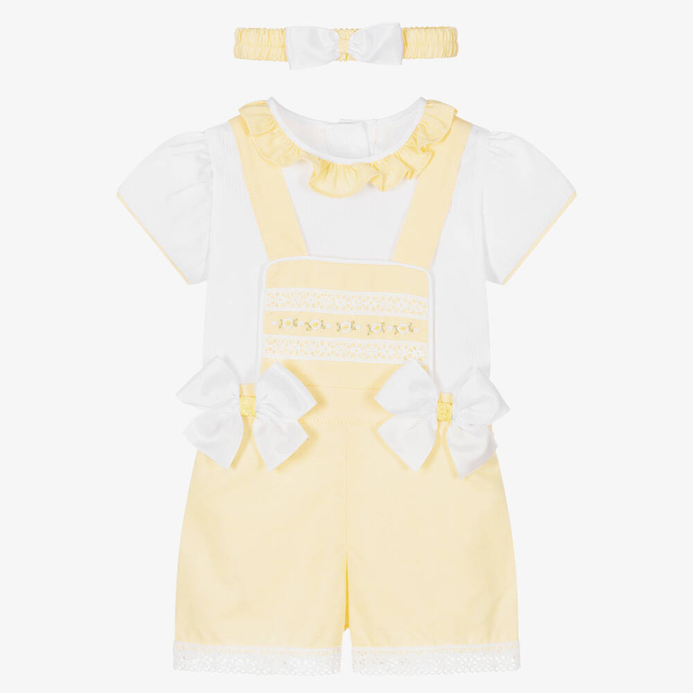 Pretty Originals-Girls White & Yellow Dungaree Shorts Set | Childrensalon Outlet