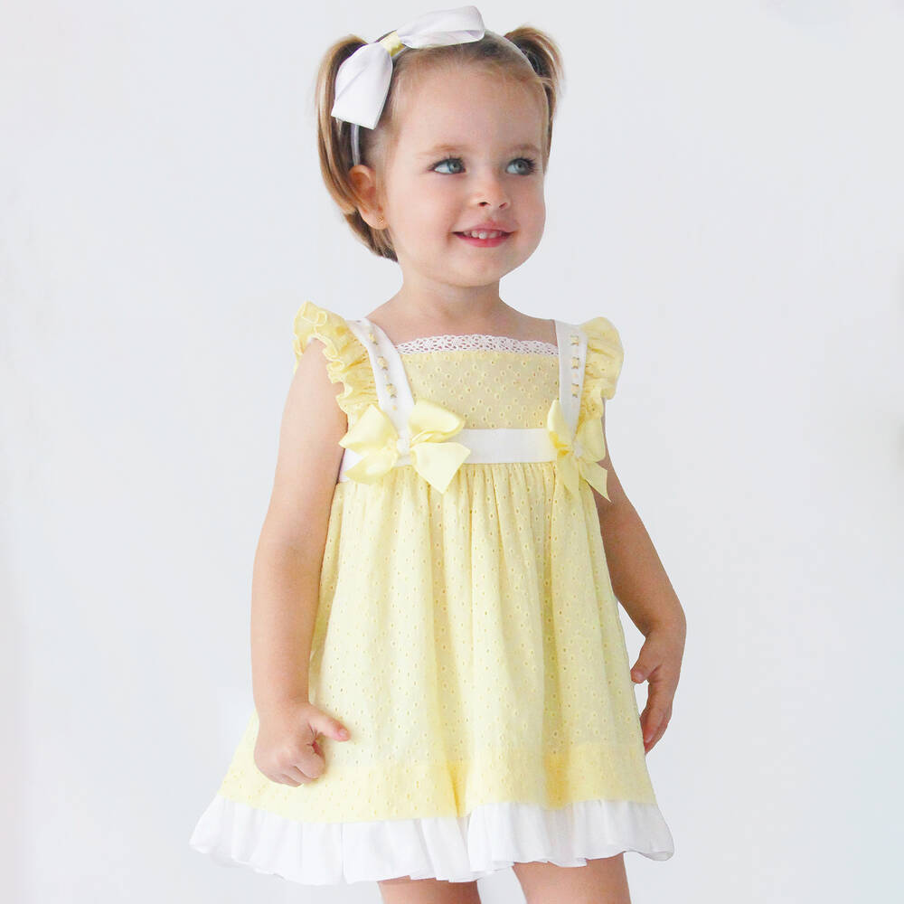 Pretty Originals-طقم فستان قطن بوبلين برودوري لون أصفر | Childrensalon Outlet