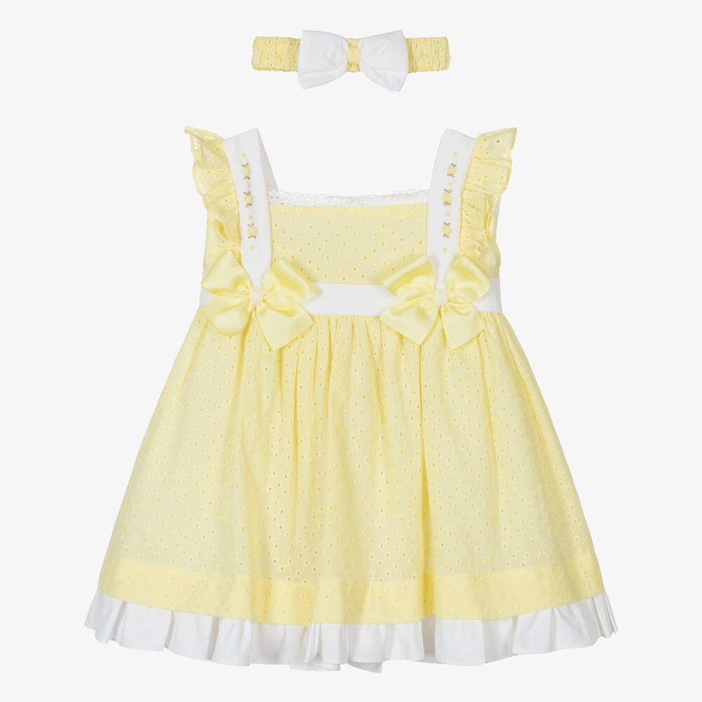 Pretty Originals-Girls Yellow Broderie Anglaise Dress Set | Childrensalon Outlet