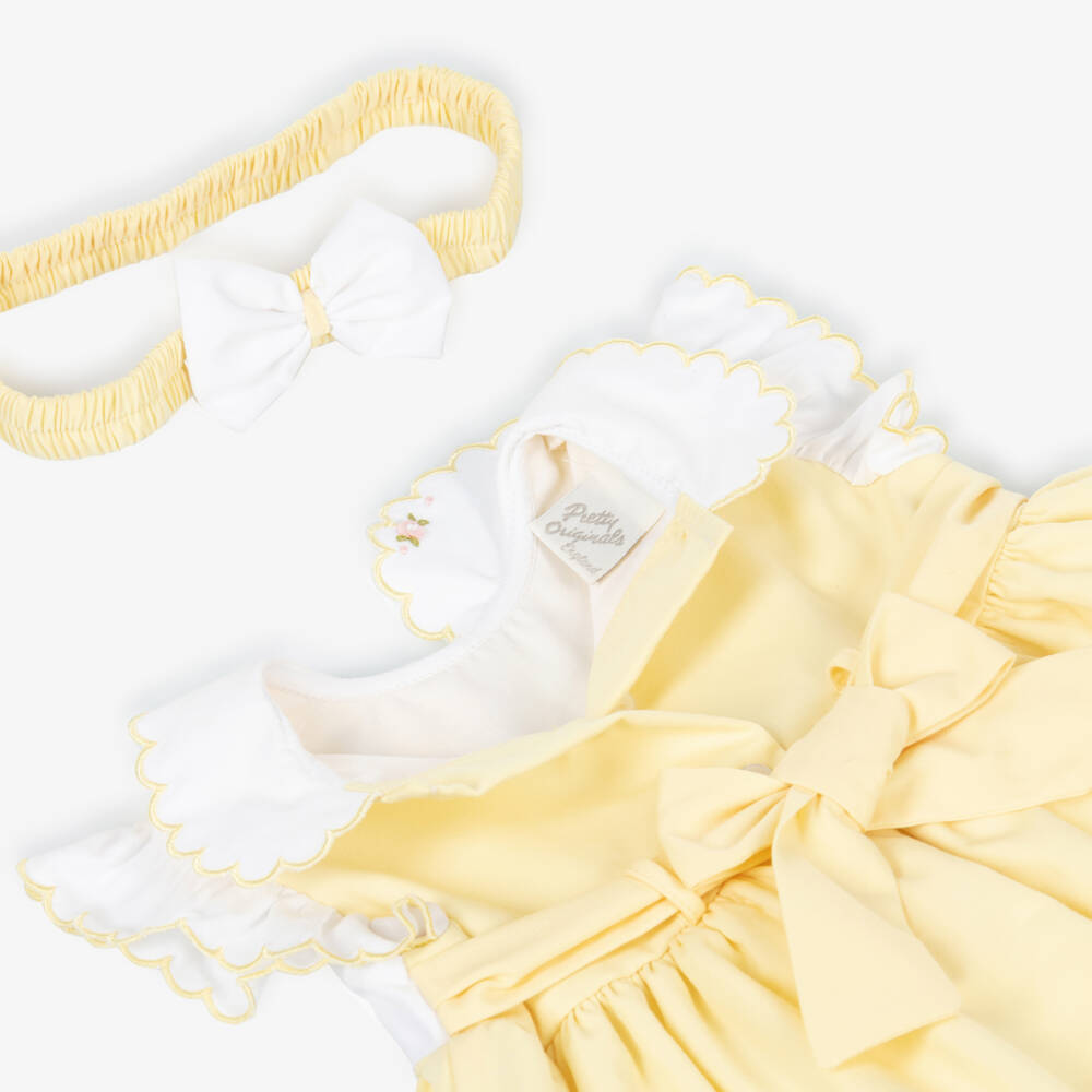 Pretty Originals-Girls Yellow Cotton Dress & Headband Set | Childrensalon Outlet