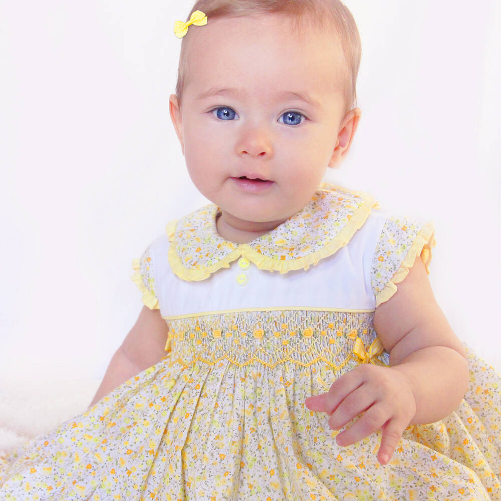 Pretty Originals Girls Yellow Floral Cotton Dress Set