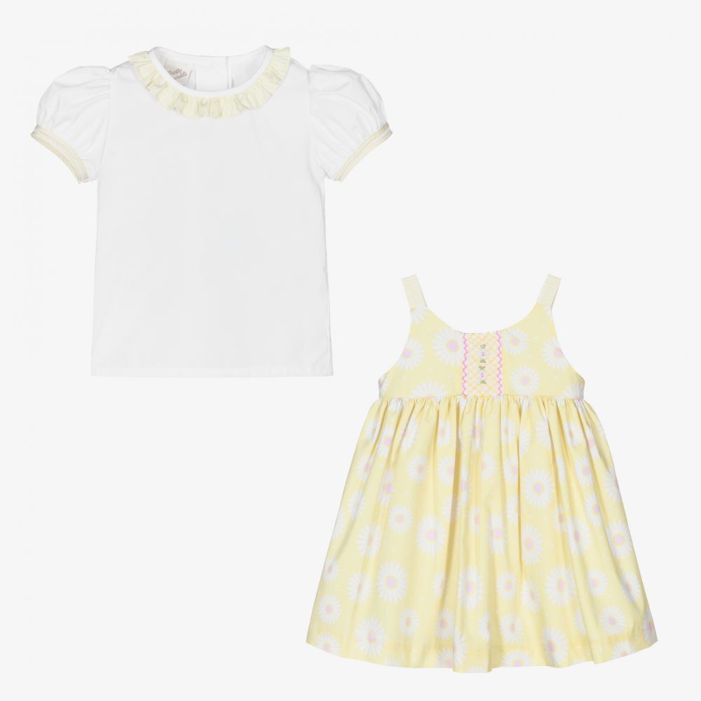 بريتي أوريجينال-طقم فستان قطن بوبلين لون أصفر وأبيض | Childrensalon Outlet